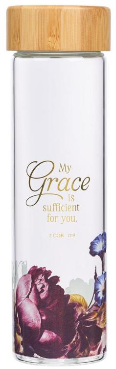 6006937151307 My Grace Is Sufficient Glass Water Bottle With Bamboo Lid And Sleeve