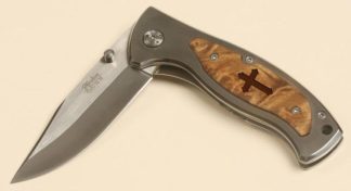 656200085141 Cross Burl Wood Pocket Knife