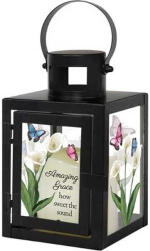 096069576181 Amazing Grace Lantern With LED Candle Butterflies And Flowers