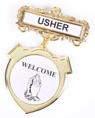 788200808359 Usher Welcome Praying Hands Shield Pin Back Badge