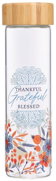 6006937151321 Thankful Grateful Blessed Glass Water Bottle With Bamboo Lid And Sleeve